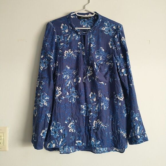Zara Top Blouse Tunic Woman L/M*Blue Floral Silk Blend Long Sleeve Keyhole - Picture 1 of 11